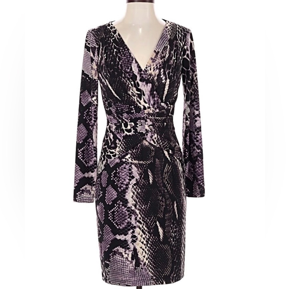 Designer David Meister Elegant Purple Snake Print Dress